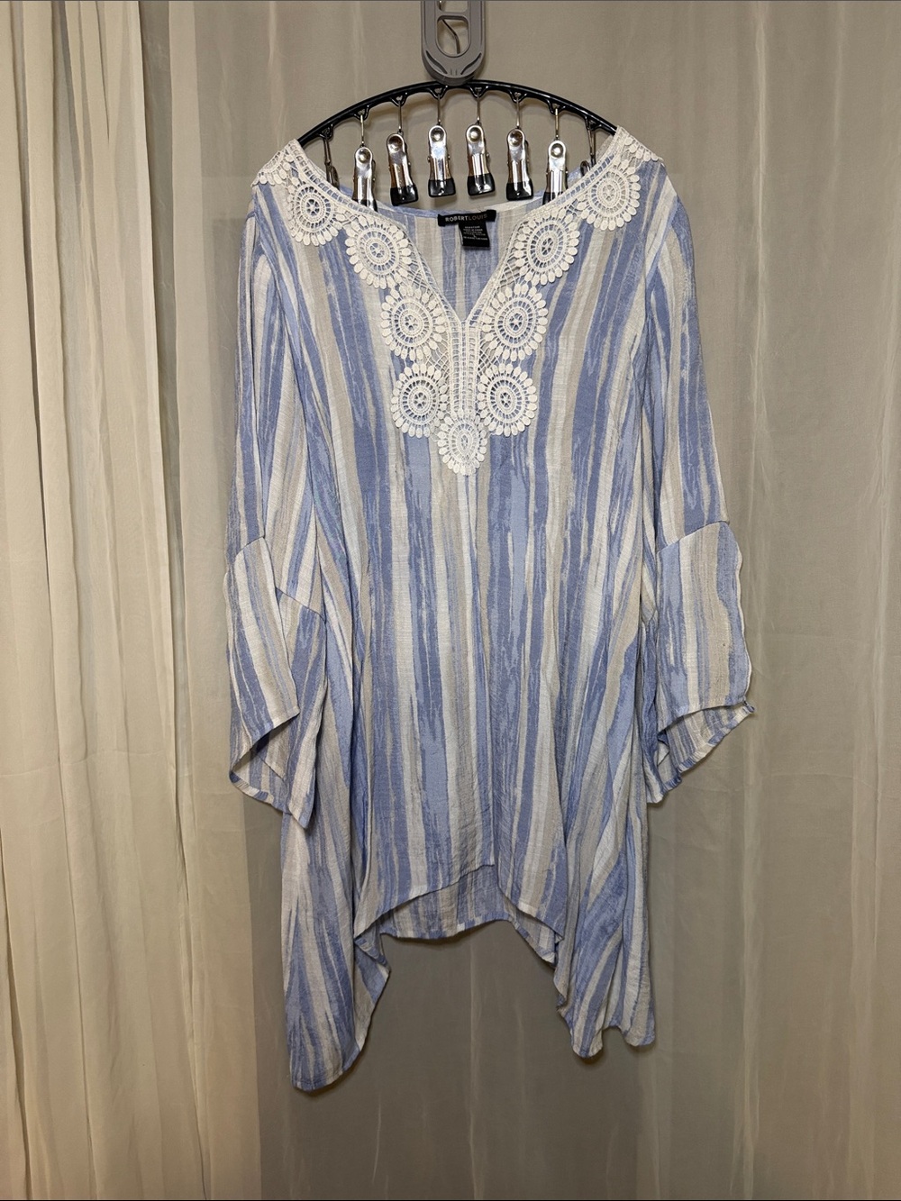 Robert Louis Blue and White Striped Crochet-Trim Tunic